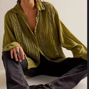 Free People FP One Mila Shirt Green Lace Buttondown Long Sleeve Top S